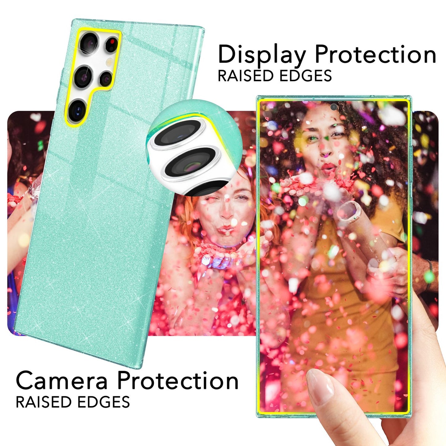 NALIA Glitzerhülle für Samsung Galaxy S24 Ultra – Funkelnder Glitzer-Look & Grip – SHINEPOP (Silikon Case) – Marke aus Berlin