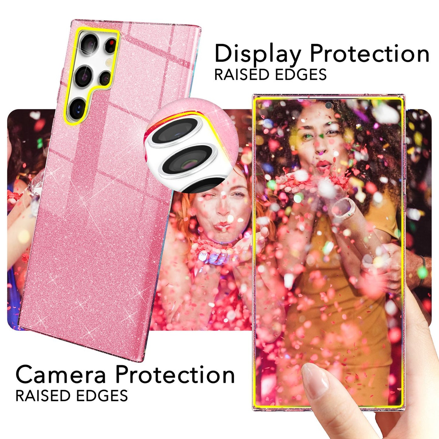 NALIA Glitzerhülle für Samsung Galaxy S24 Ultra – Funkelnder Glitzer-Look & Grip – SHINEPOP (Silikon Case) – Marke aus Berlin
