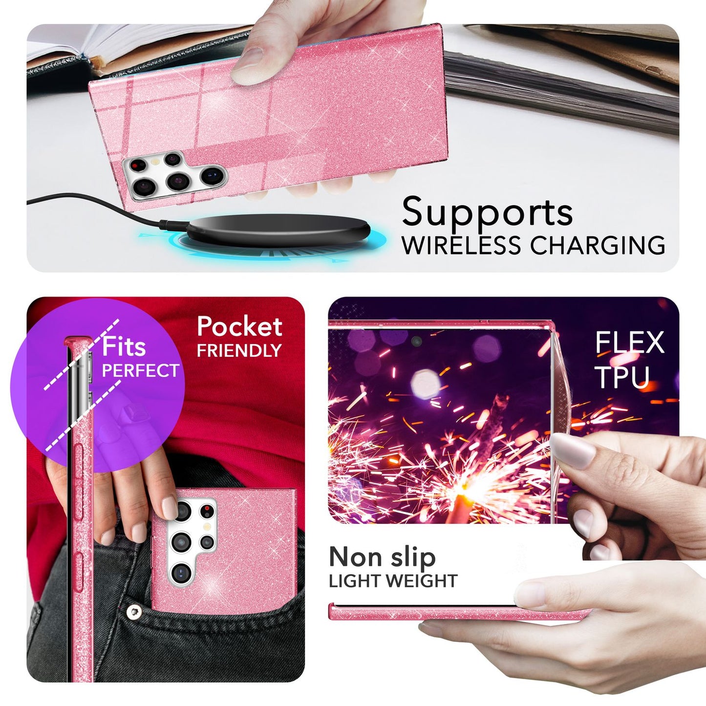 NALIA Glitzerhülle für Samsung Galaxy S24 Ultra – Funkelnder Glitzer-Look & Grip – SHINEPOP (Silikon Case) – Marke aus Berlin