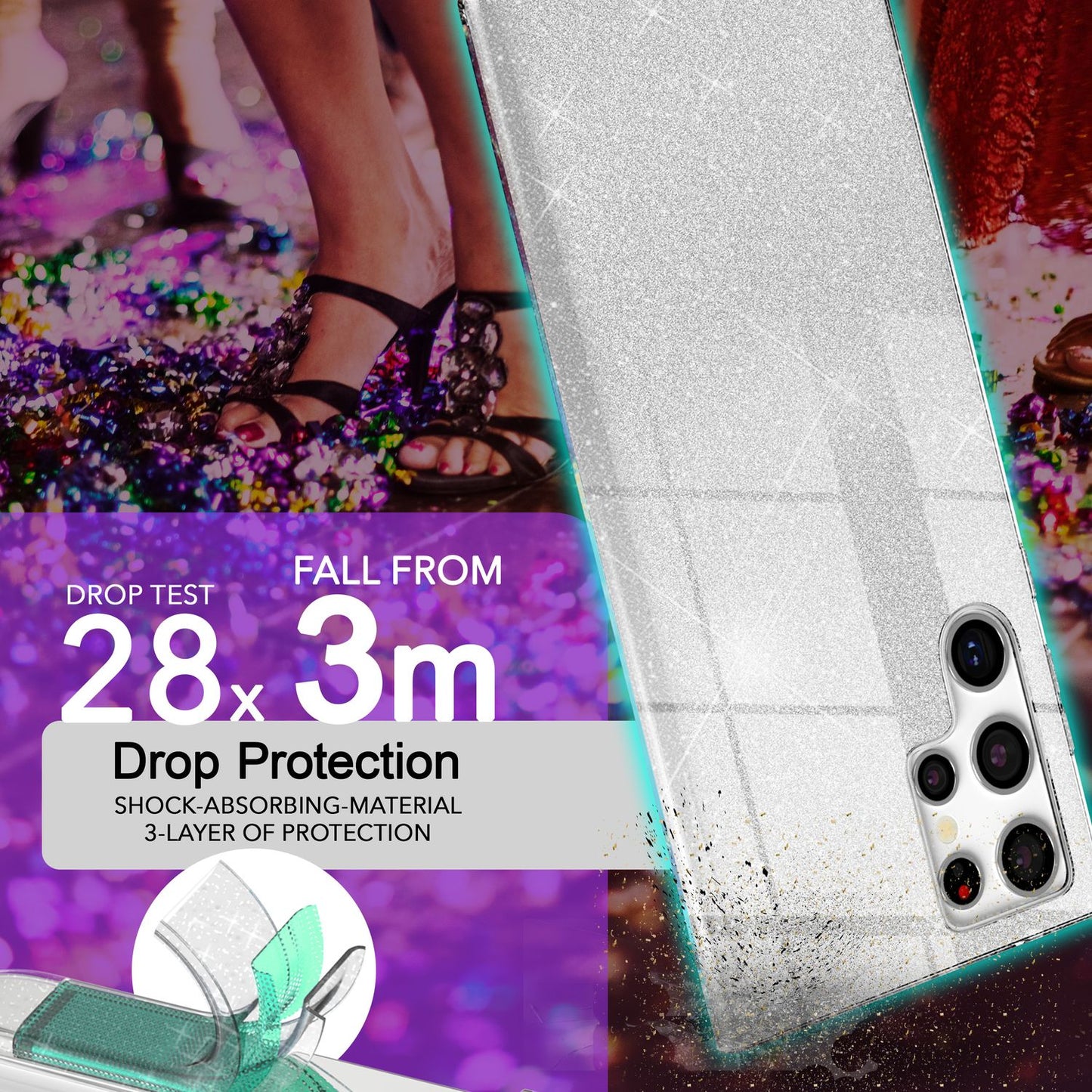 NALIA Glitzerhülle für Samsung Galaxy S24 Ultra – Funkelnder Glitzer-Look & Grip – SHINEPOP (Silikon Case) – Marke aus Berlin