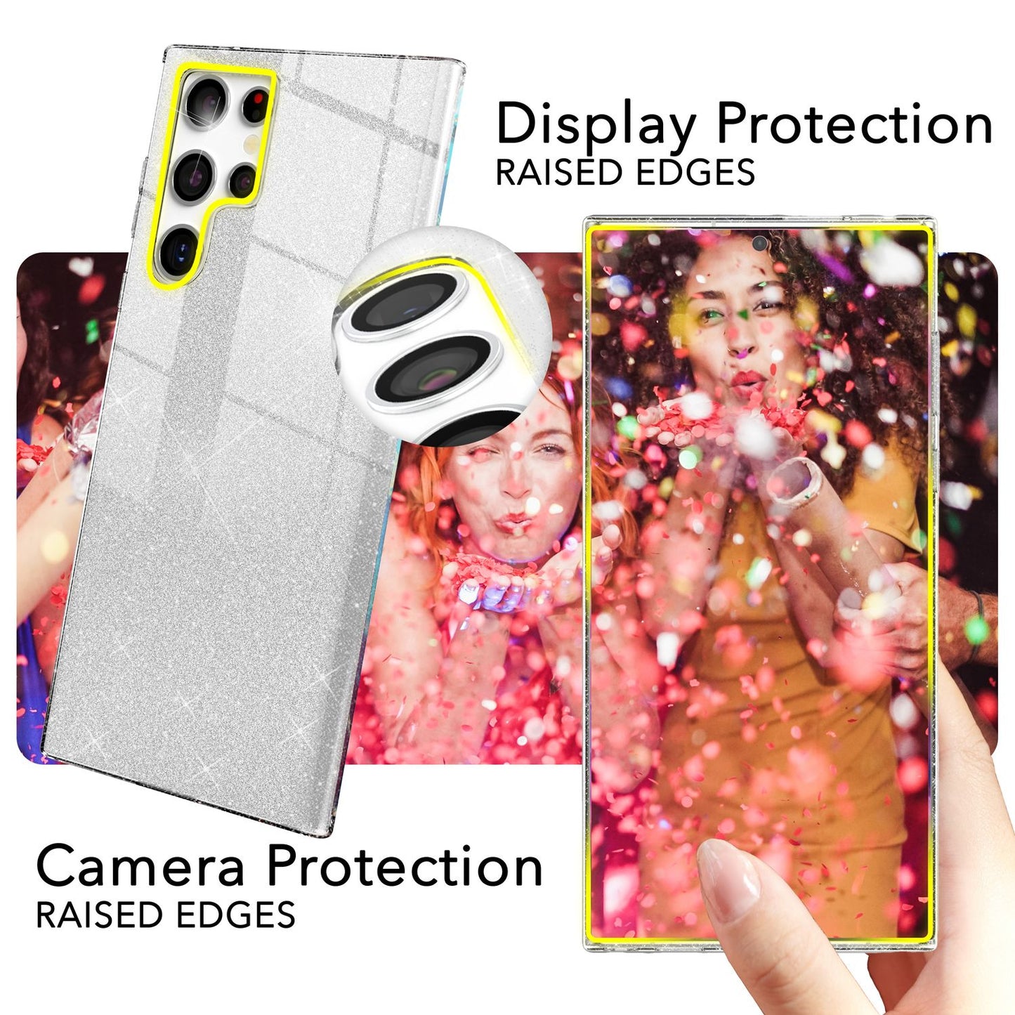 NALIA Glitzerhülle für Samsung Galaxy S24 Ultra – Funkelnder Glitzer-Look & Grip – SHINEPOP (Silikon Case) – Marke aus Berlin
