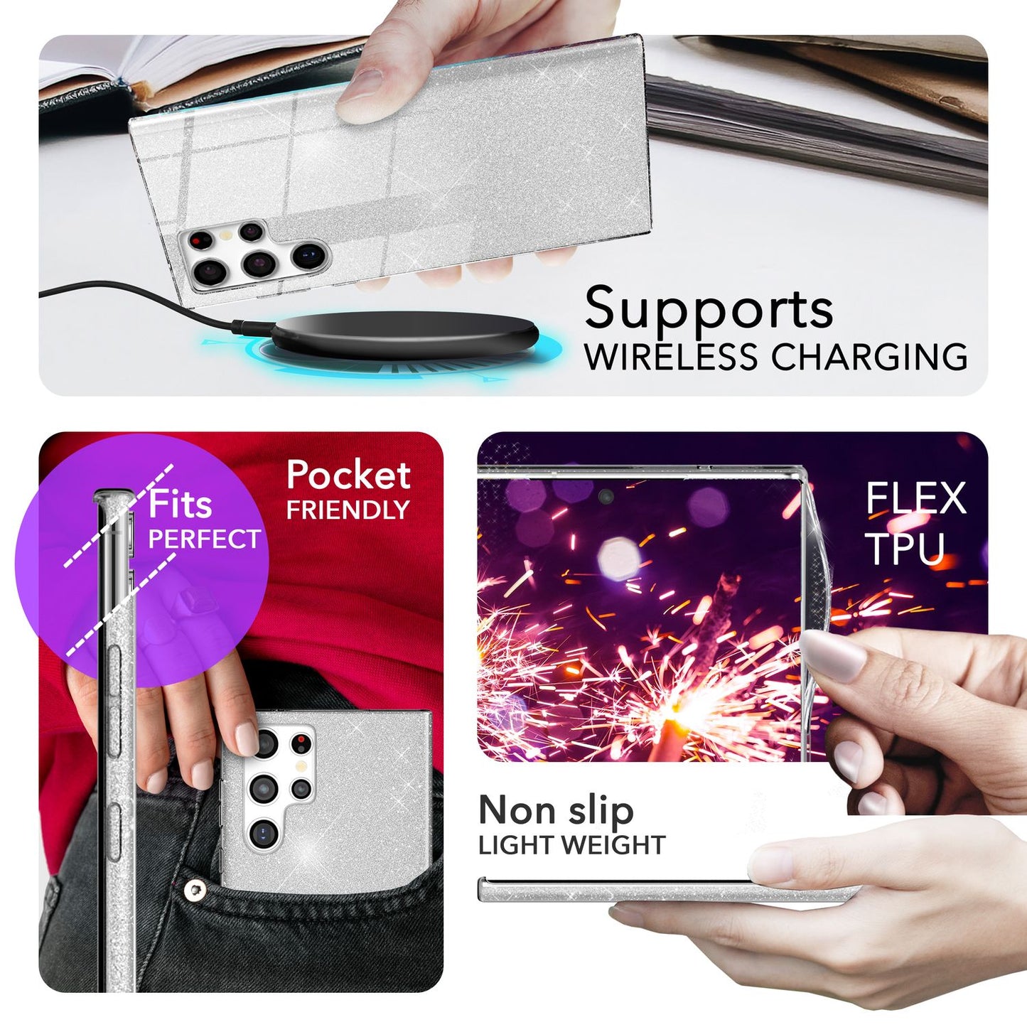 NALIA Glitzerhülle für Samsung Galaxy S24 Ultra – Funkelnder Glitzer-Look & Grip – SHINEPOP (Silikon Case) – Marke aus Berlin