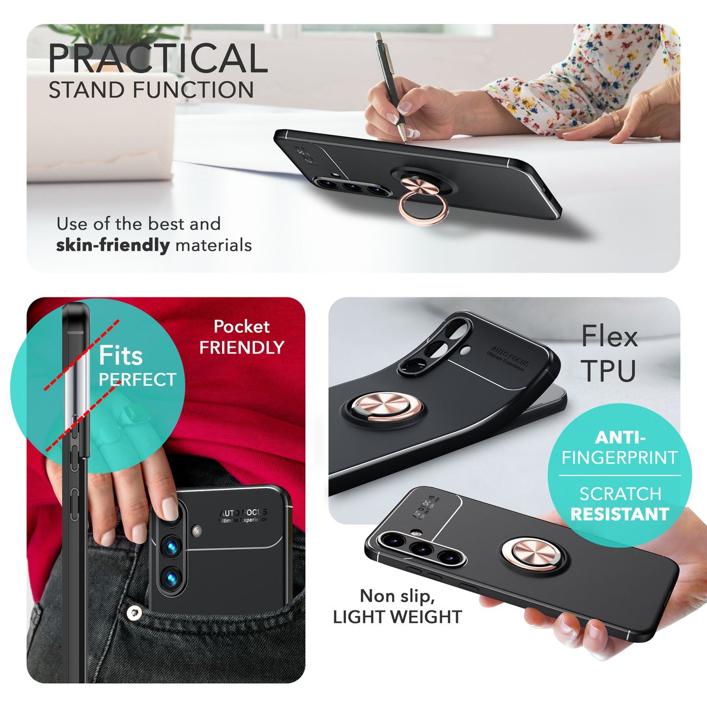 NALIA Ringhülle für Samsung Galaxy S24 – Ring-Ständer 360° & für Magnet-Halter – GRIP360 (Mattiertes Silikon Case) – Marke aus Berlin