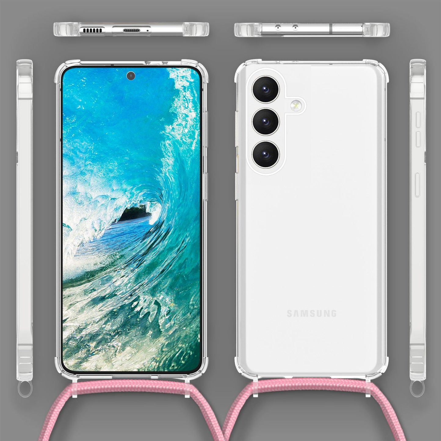 NALIA Handykette für Samsung Galaxy S24 – Transparentes Hybrid-Case & Band – HANGIT PRO (Anti-Gelb Rückseite & Verstellbar) – Marke aus Berlin