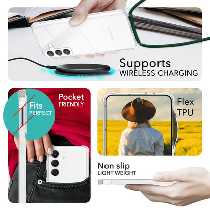 NALIA Handykette für Samsung Galaxy S24 Plus – Transparentes Hybrid-Case & Band – HANGIT PRO (Anti-Gelb Rückseite & Verstellbar) – Marke aus Berlin