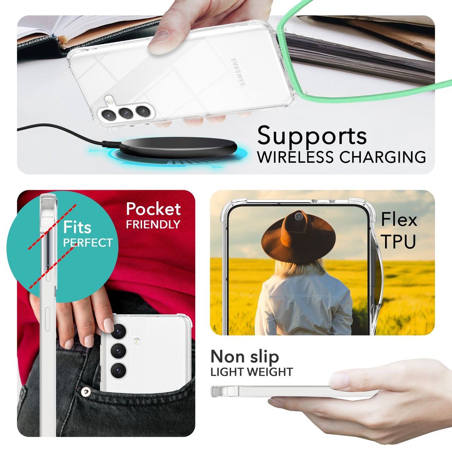 NALIA Handykette für Samsung Galaxy S24 Plus – Transparentes Hybrid-Case & Band – HANGIT PRO (Anti-Gelb Rückseite & Verstellbar) – Marke aus Berlin