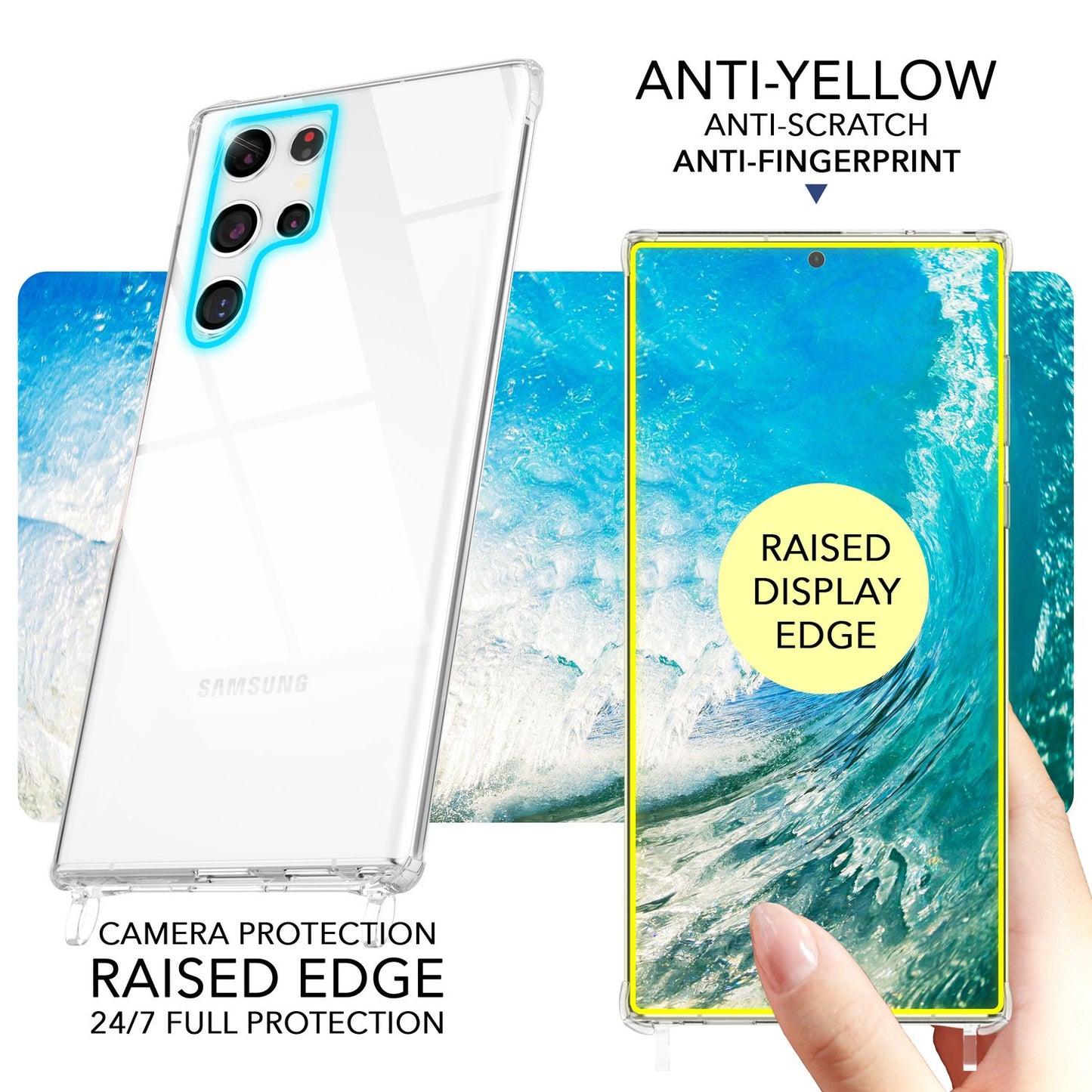 NALIA Handykette für Samsung Galaxy S24 Ultra – Transparentes Hybrid-Case & Band – HANGIT PRO (Anti-Gelb Rückseite & Verstellbar) – Marke aus Berlin