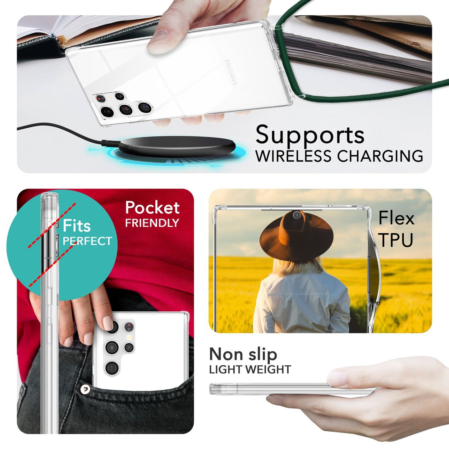 NALIA Handykette für Samsung Galaxy S24 Ultra – Transparentes Hybrid-Case & Band – HANGIT PRO (Anti-Gelb Rückseite & Verstellbar) – Marke aus Berlin