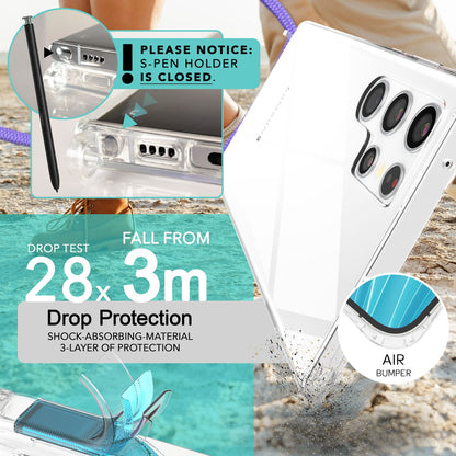 NALIA Handykette für Samsung Galaxy S24 Ultra – Transparentes Hybrid-Case & Band – HANGIT PRO (Anti-Gelb Rückseite & Verstellbar) – Marke aus Berlin