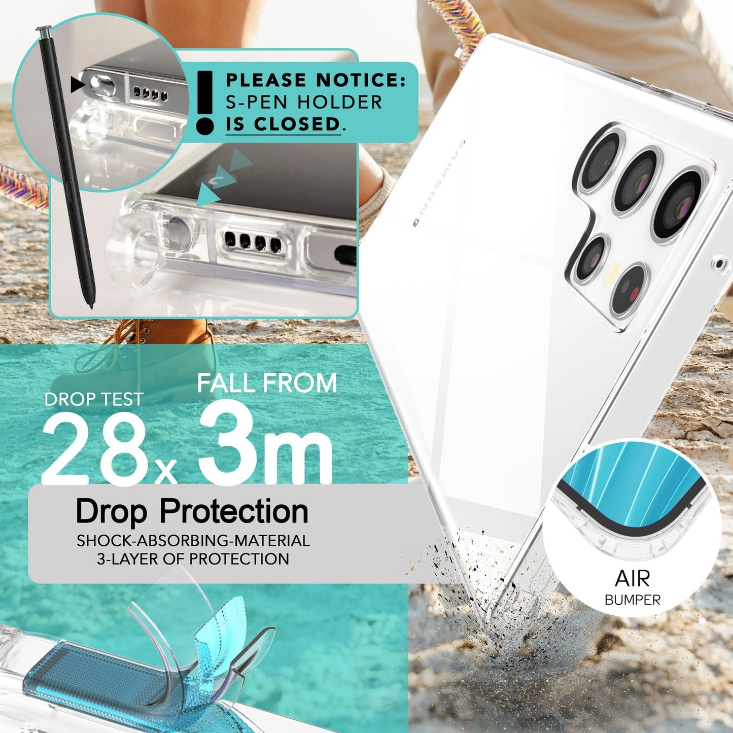 NALIA Handykette für Samsung Galaxy S24 Ultra – Transparentes Hybrid-Case & Band – HANGIT PRO (Anti-Gelb Rückseite & Verstellbar) – Marke aus Berlin