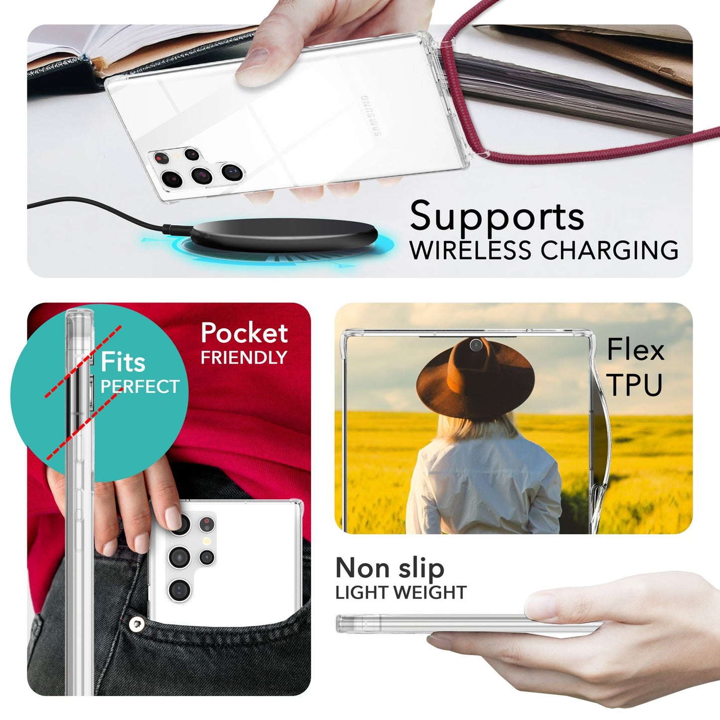 NALIA Handykette für Samsung Galaxy S24 Ultra – Transparentes Hybrid-Case & Band – HANGIT PRO (Anti-Gelb Rückseite & Verstellbar) – Marke aus Berlin