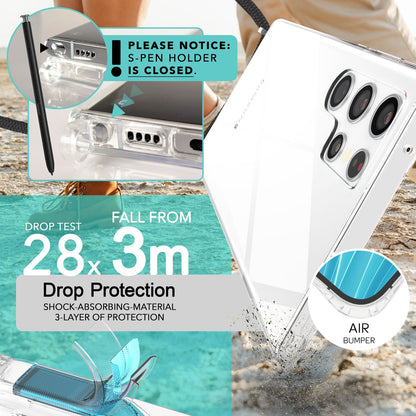 NALIA Handykette für Samsung Galaxy S24 Ultra – Transparentes Hybrid-Case & Band – HANGIT PRO (Anti-Gelb Rückseite & Verstellbar) – Marke aus Berlin