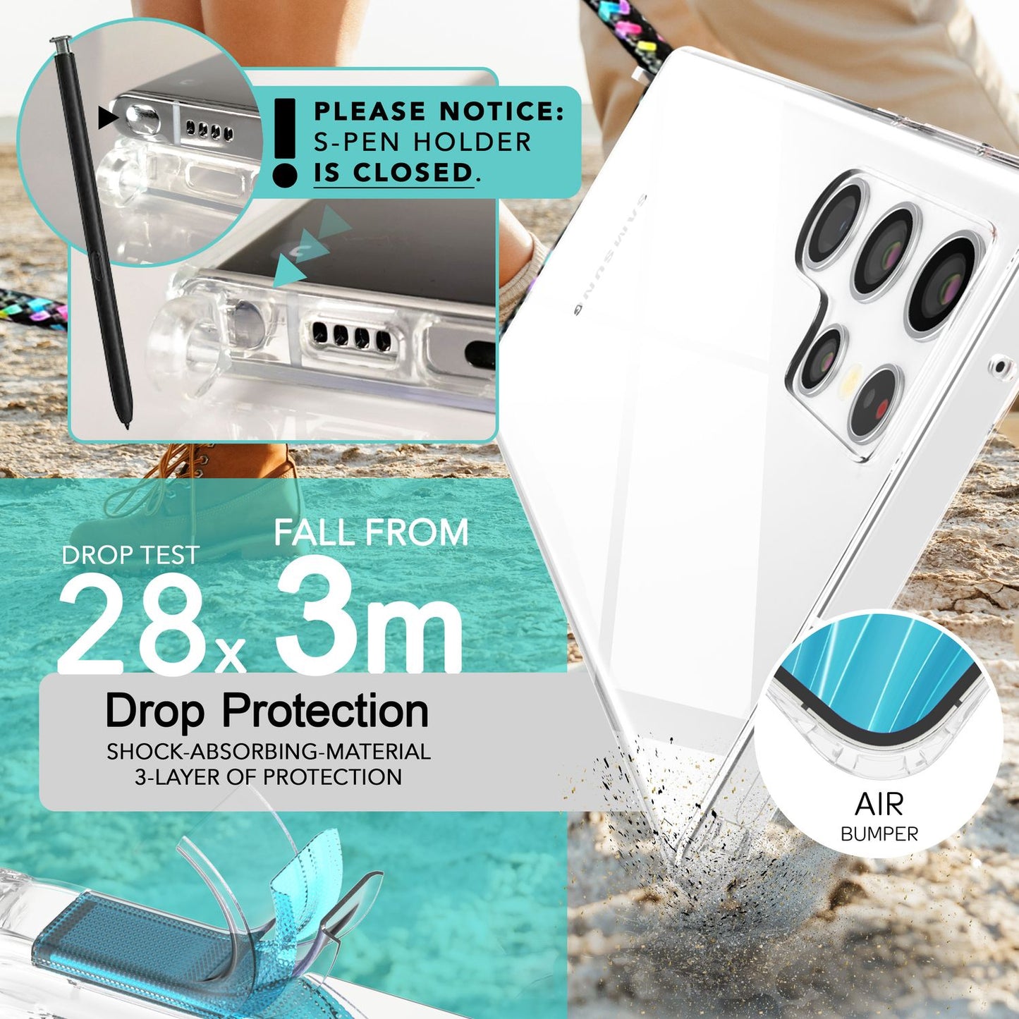 NALIA Handykette für Samsung Galaxy S24 Ultra – Transparentes Hybrid-Case & Band – HANGIT PRO (Anti-Gelb Rückseite & Verstellbar) – Marke aus Berlin