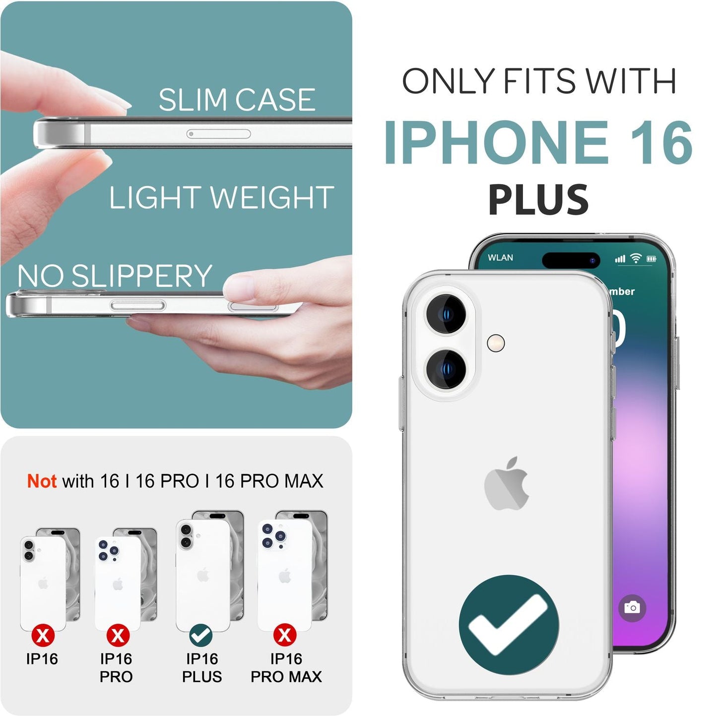 NALIA Transparente Silikonhülle für iPhone 16 Plus – Anti-Gelb & Rutschfest – GLAZE (Handyhülle Kristallklar, Schlank & Stoßfest) – Marke aus Berlin