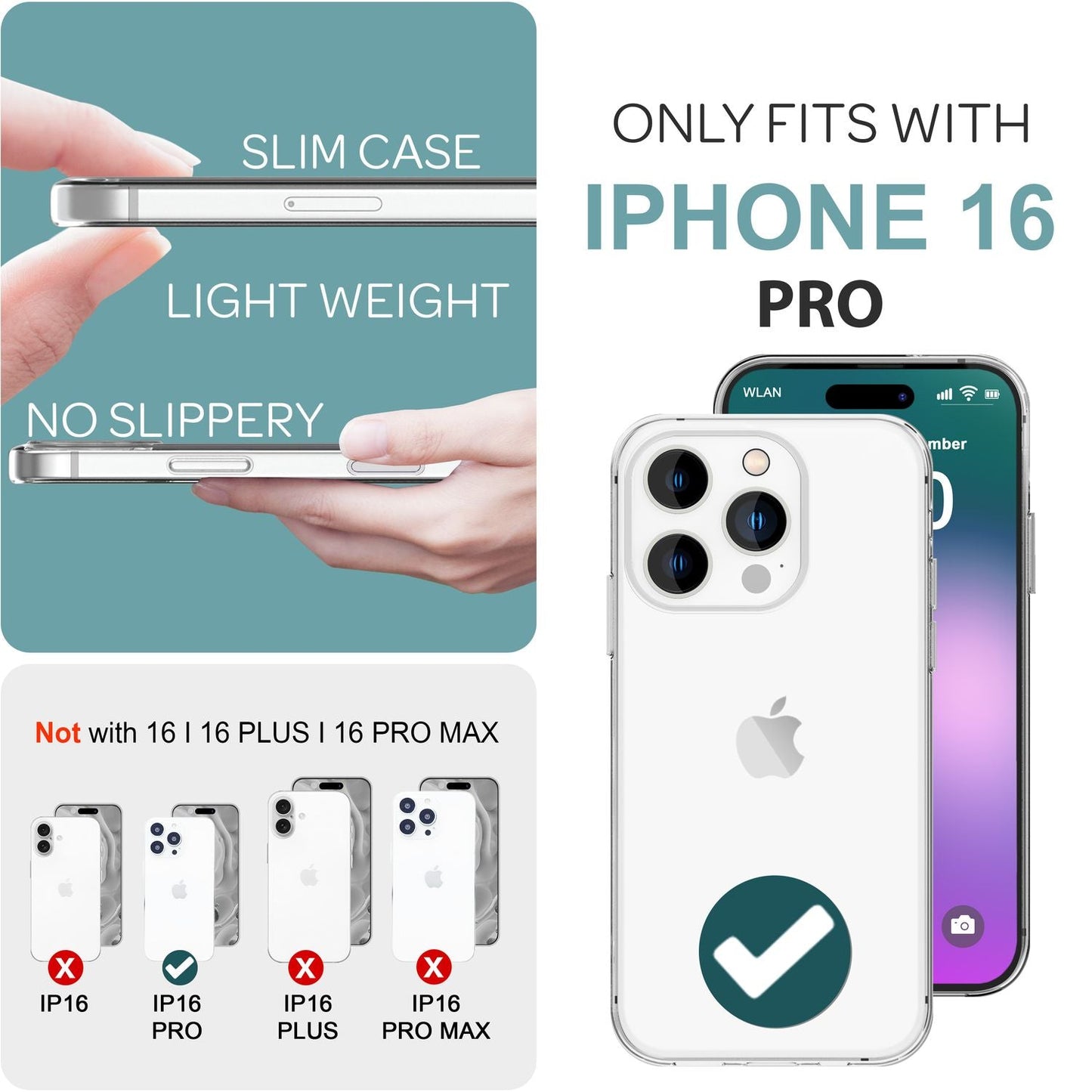 NALIA Transparente Silikonhülle für iPhone 16 Pro – Anti-Gelb & Rutschfest – GLAZE (Handyhülle Kristallklar, Schlank & Stoßfest) – Marke aus Berlin