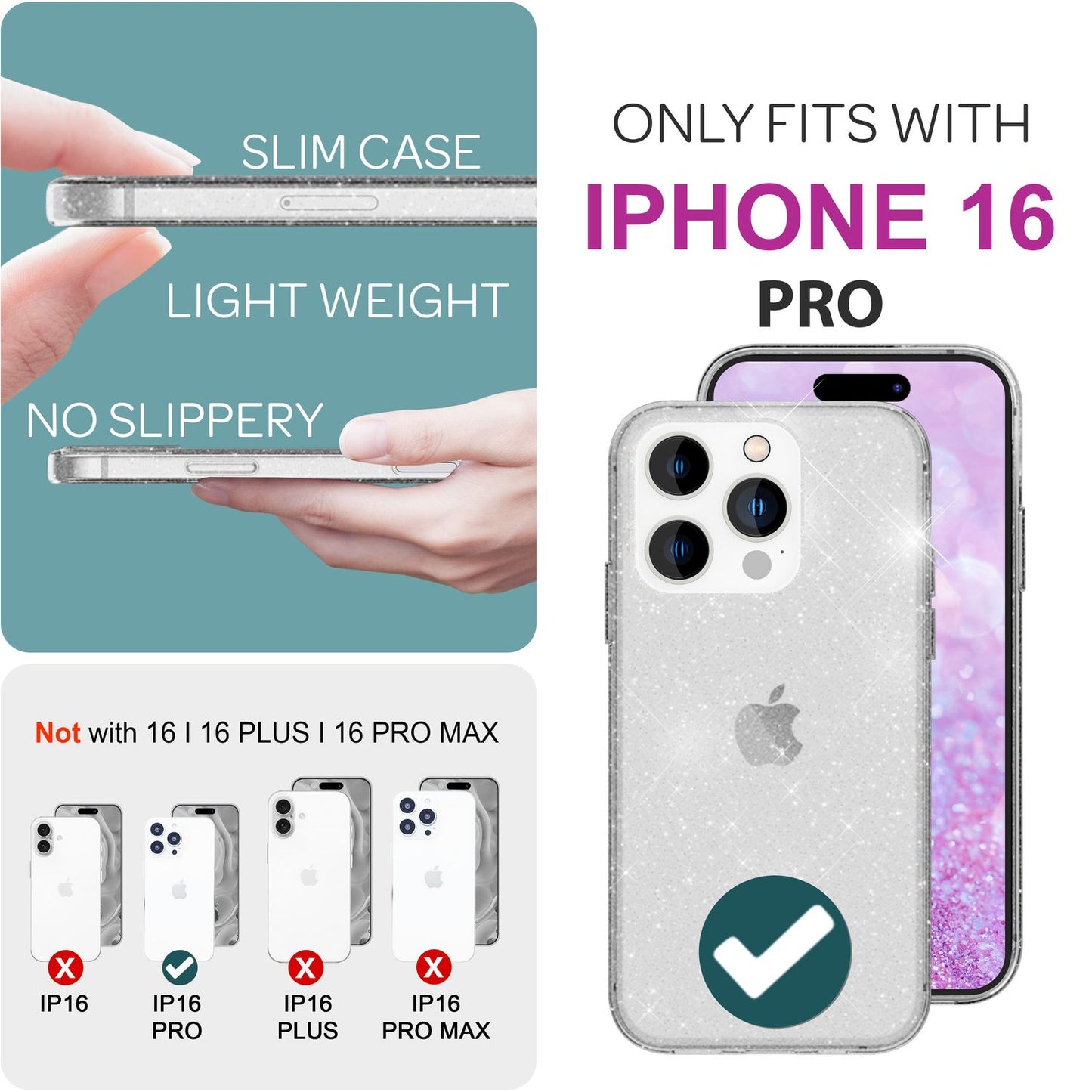 NALIA Glitzerhülle für iPhone 16 Pro – Funkelndes Silikon Case – DAZZLIN (Transparent & Stoßfest) – Marke aus Berlin