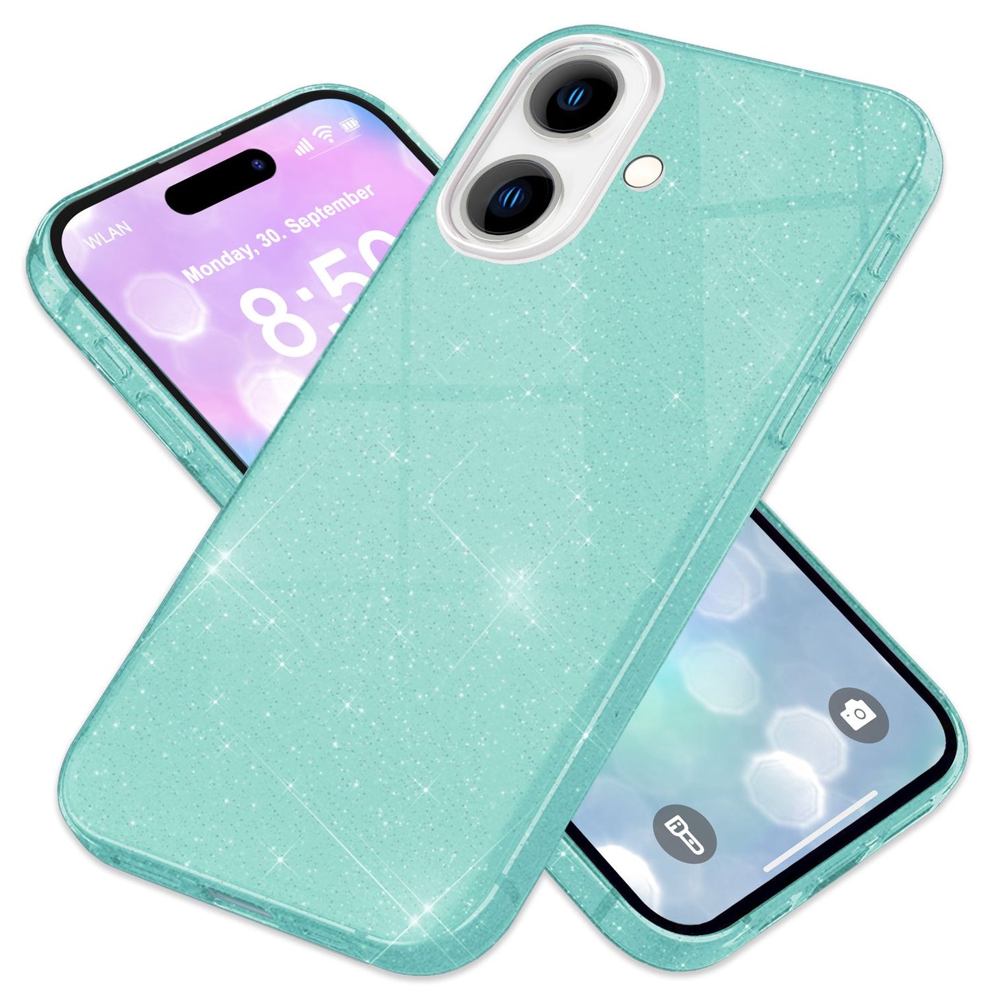 NALIA Glitzerhülle für iPhone 16 – Funkelnder Glitzer-Look & Grip – SHINEPOP (Silikon Case) – Marke aus Berlin