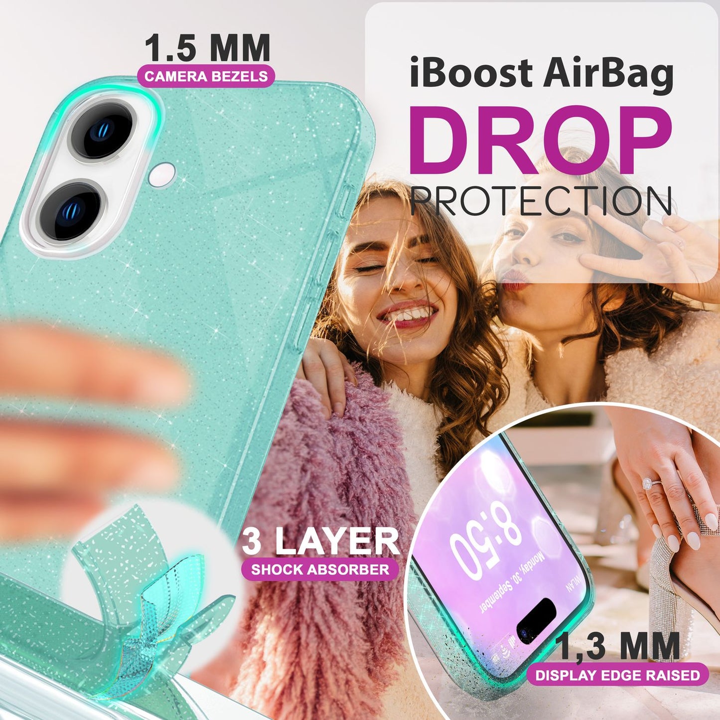NALIA Glitzerhülle für iPhone 16 – Funkelnder Glitzer-Look & Grip – SHINEPOP (Silikon Case) – Marke aus Berlin