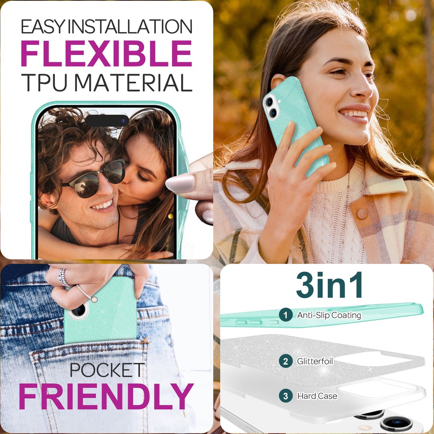 NALIA Glitzerhülle für iPhone 16 – Funkelnder Glitzer-Look & Grip – SHINEPOP (Silikon Case) – Marke aus Berlin