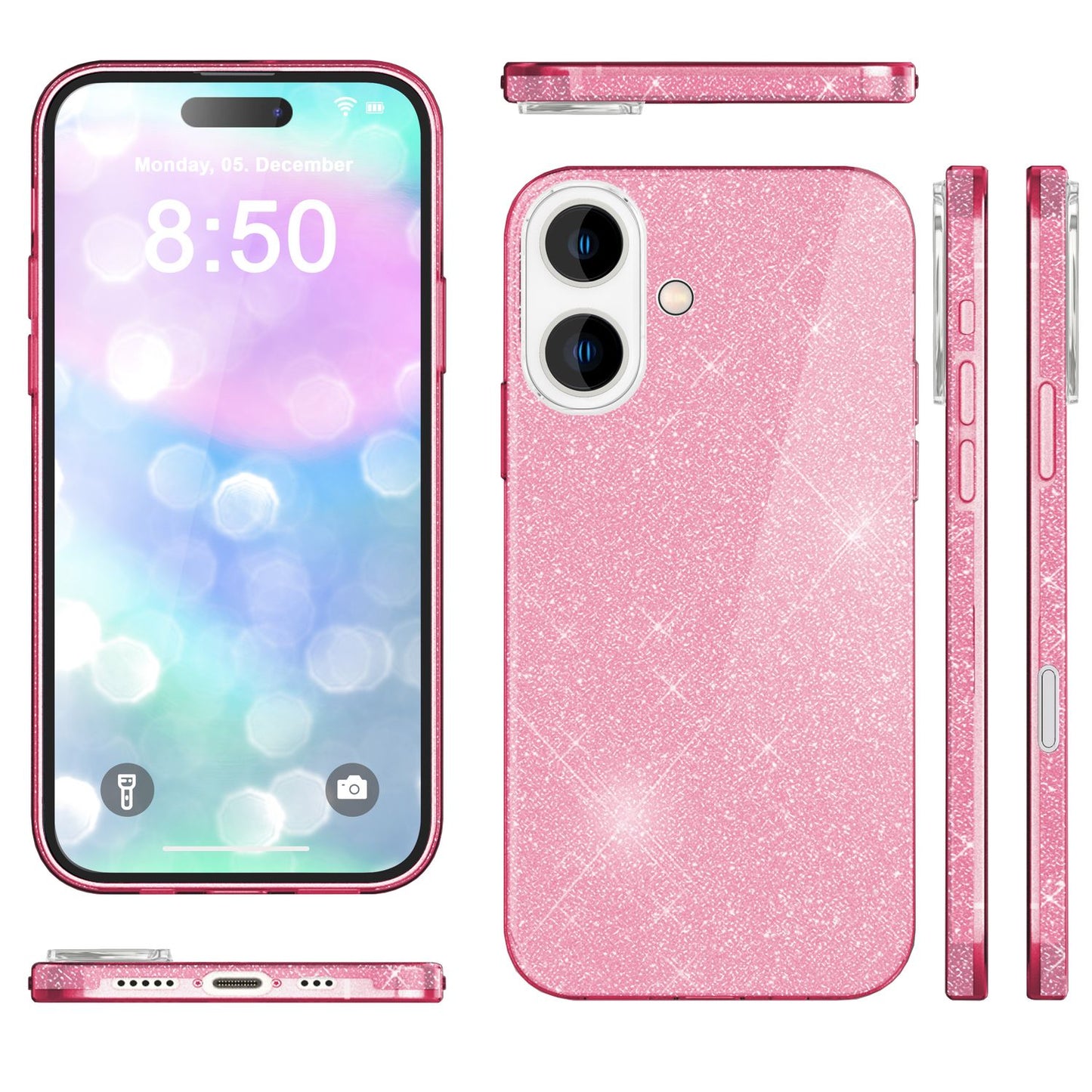 NALIA Glitzerhülle für iPhone 16 – Funkelnder Glitzer-Look & Grip – SHINEPOP (Silikon Case) – Marke aus Berlin