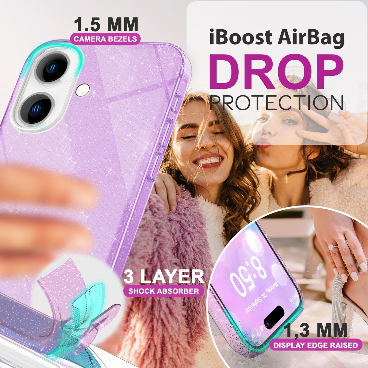 NALIA Glitzerhülle für iPhone 16 – Funkelnder Glitzer-Look & Grip – SHINEPOP (Silikon Case) – Marke aus Berlin