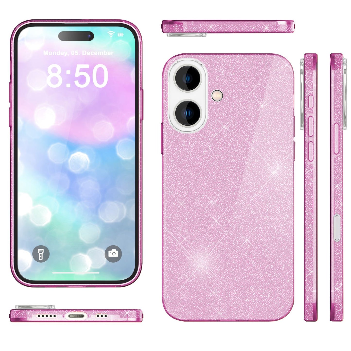 NALIA Glitzerhülle für iPhone 16 – Funkelnder Glitzer-Look & Grip – SHINEPOP (Silikon Case) – Marke aus Berlin