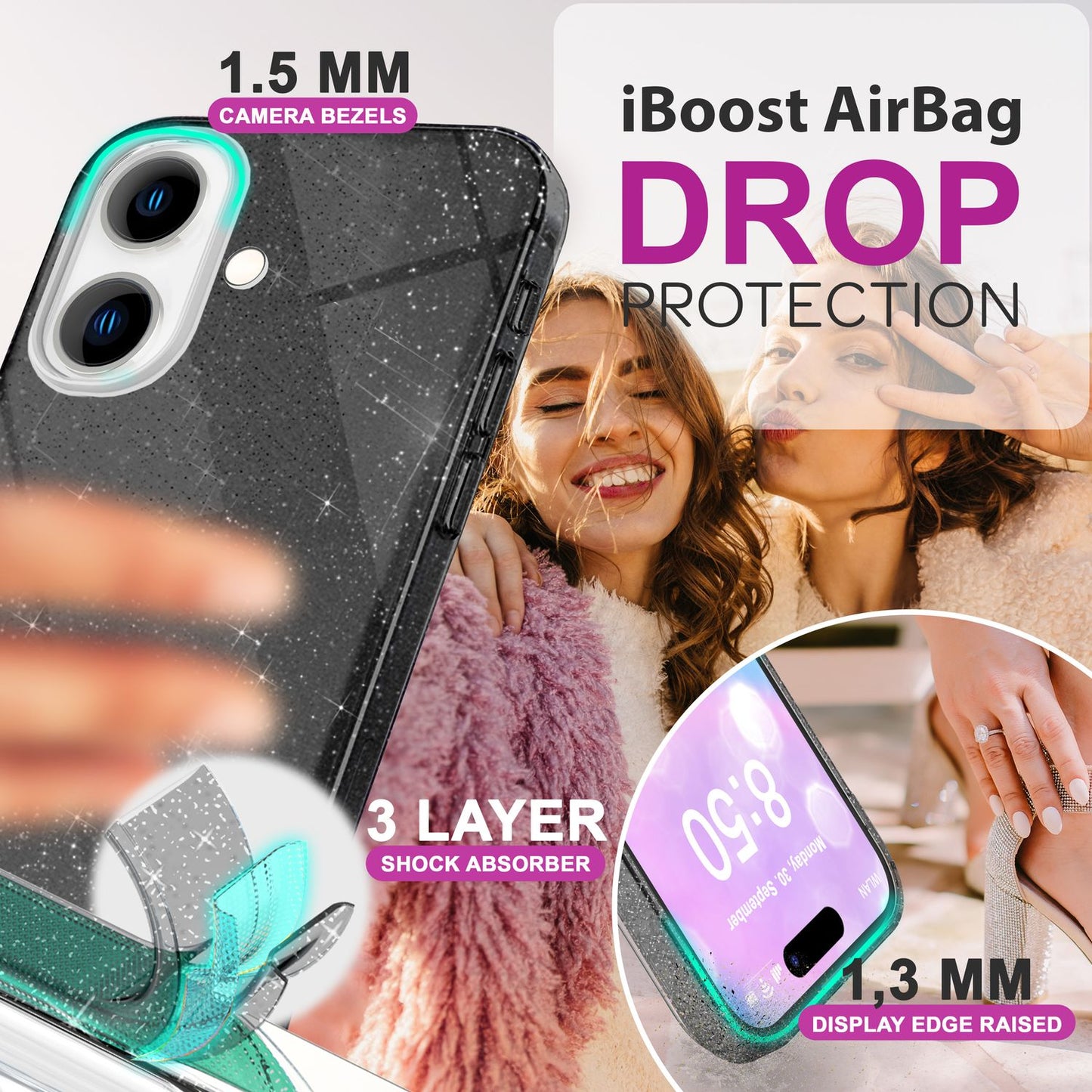 NALIA Glitzerhülle für iPhone 16 – Funkelnder Glitzer-Look & Grip – SHINEPOP (Silikon Case) – Marke aus Berlin