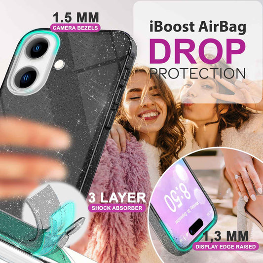 NALIA Glitzerhülle für iPhone 16 – Funkelnder Glitzer-Look & Grip – SHINEPOP (Silikon Case) – Marke aus Berlin