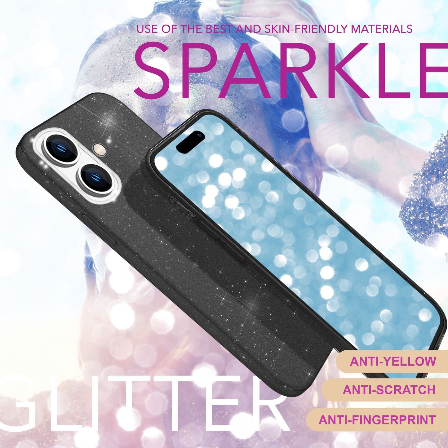NALIA Glitzerhülle für iPhone 16 – Funkelnder Glitzer-Look & Grip – SHINEPOP (Silikon Case) – Marke aus Berlin