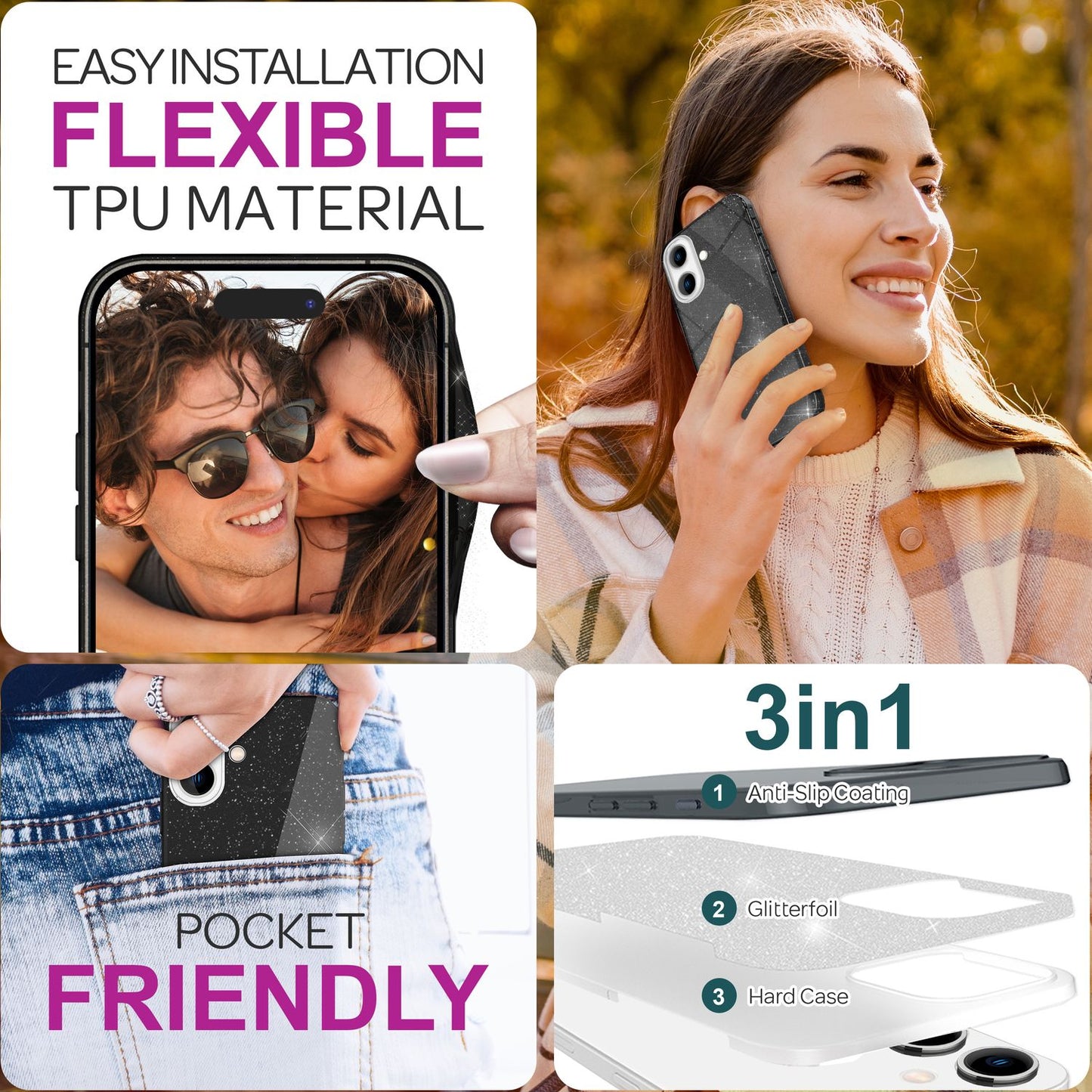 NALIA Glitzerhülle für iPhone 16 – Funkelnder Glitzer-Look & Grip – SHINEPOP (Silikon Case) – Marke aus Berlin