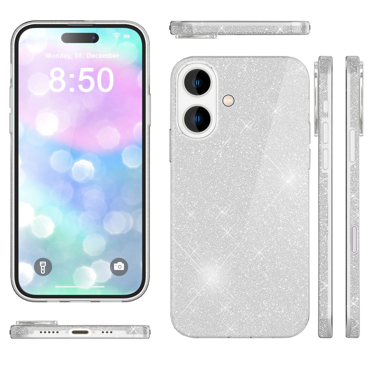 NALIA Glitzerhülle für iPhone 16 – Funkelnder Glitzer-Look & Grip – SHINEPOP (Silikon Case) – Marke aus Berlin