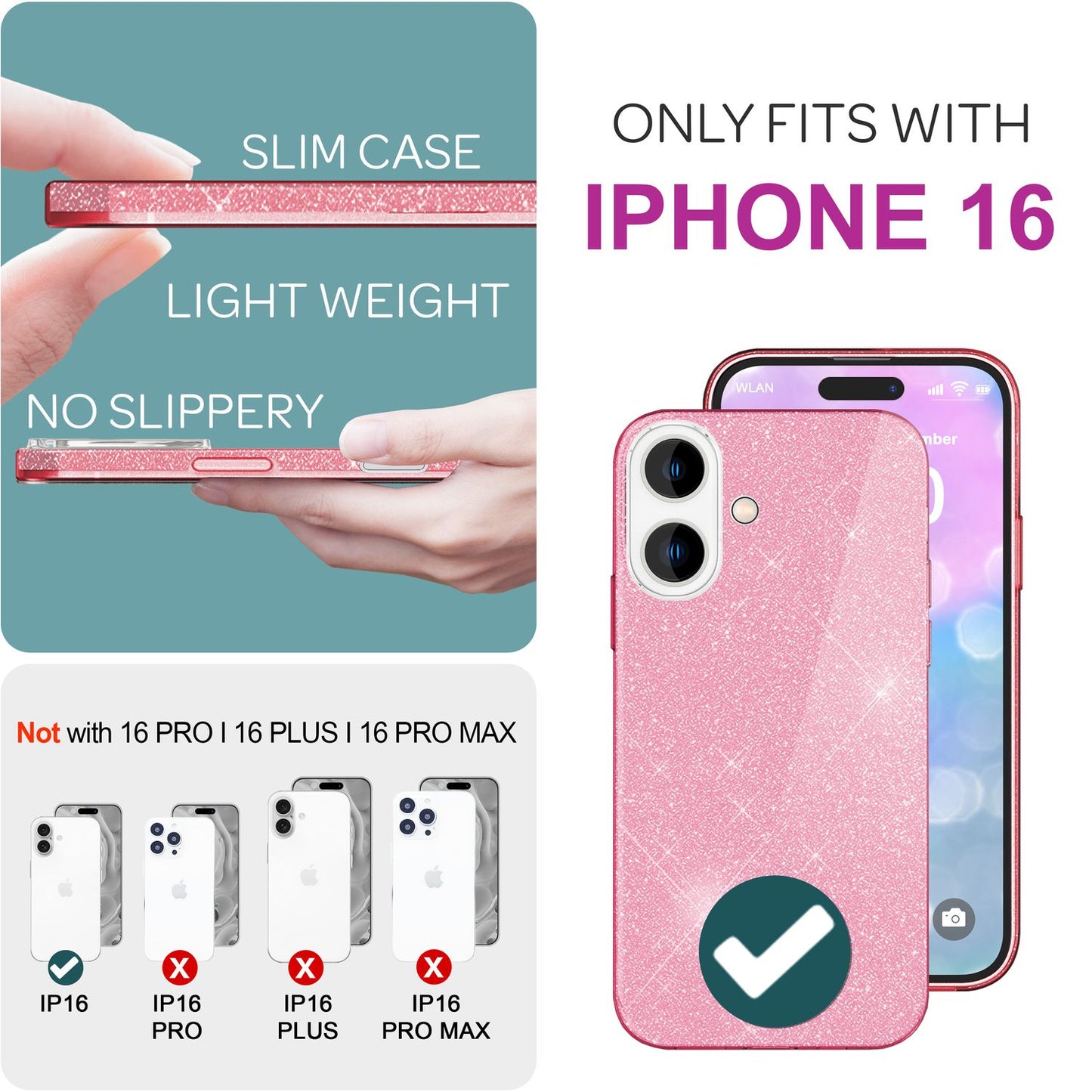 NALIA Glitzerhülle für iPhone 16 – Funkelnder Glitzer-Look & Grip – SHINEPOP (Silikon Case) – Marke aus Berlin