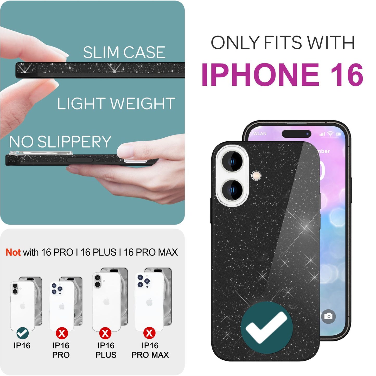 NALIA Glitzerhülle für iPhone 16 – Funkelnder Glitzer-Look & Grip – SHINEPOP (Silikon Case) – Marke aus Berlin