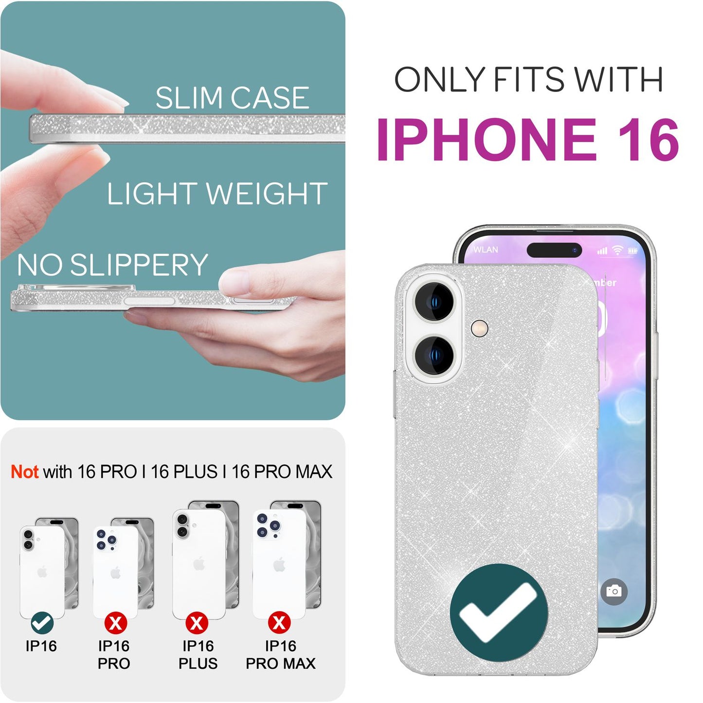 NALIA Glitzerhülle für iPhone 16 – Funkelnder Glitzer-Look & Grip – SHINEPOP (Silikon Case) – Marke aus Berlin