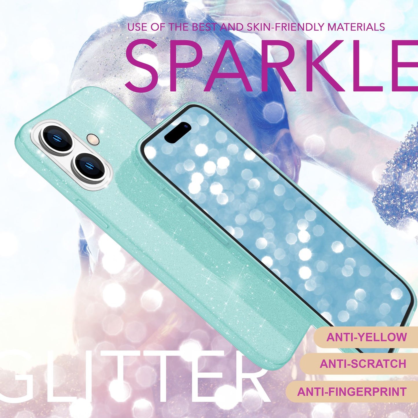 NALIA Glitzerhülle für iPhone 16 Plus – Funkelnder Glitzer-Look & Grip – SHINEPOP (Silikon Case) – Marke aus Berlin