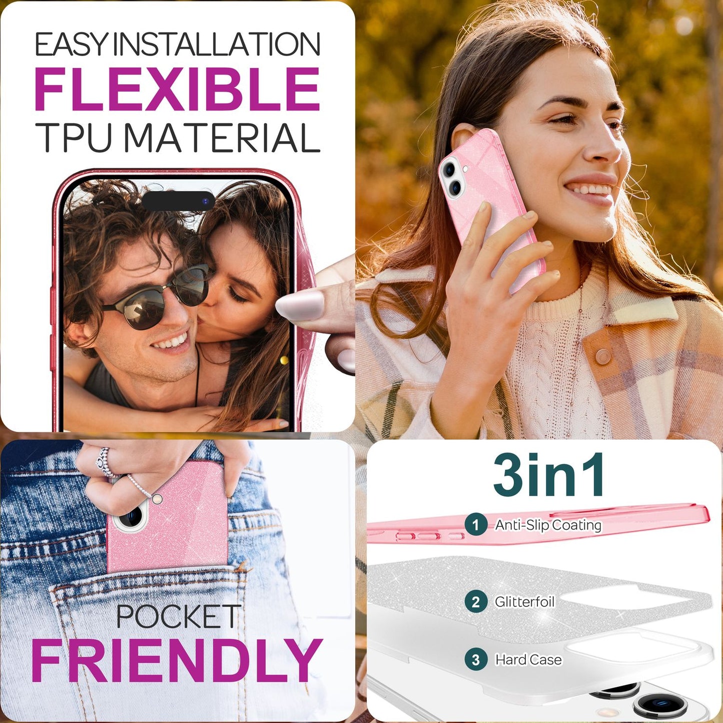 NALIA Glitzerhülle für iPhone 16 Plus – Funkelnder Glitzer-Look & Grip – SHINEPOP (Silikon Case) – Marke aus Berlin