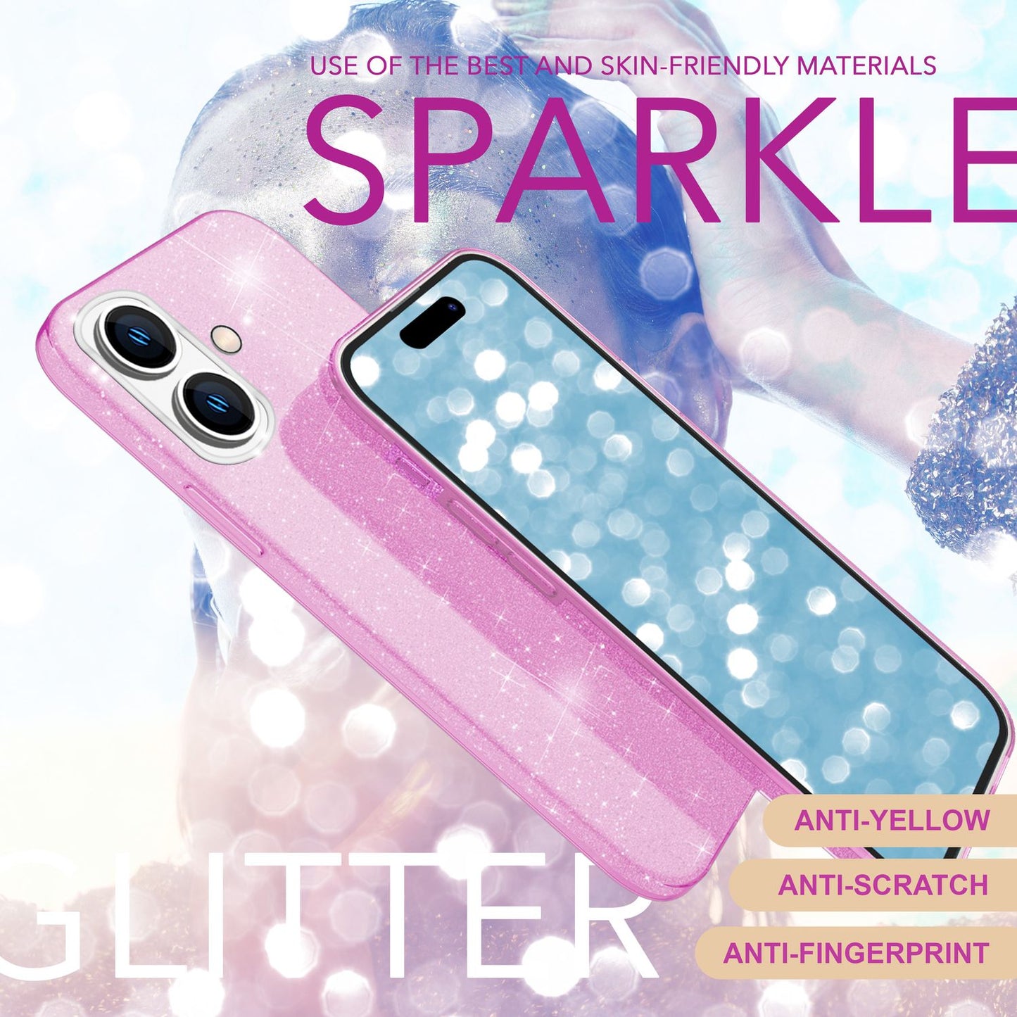 NALIA Glitzerhülle für iPhone 16 Plus – Funkelnder Glitzer-Look & Grip – SHINEPOP (Silikon Case) – Marke aus Berlin