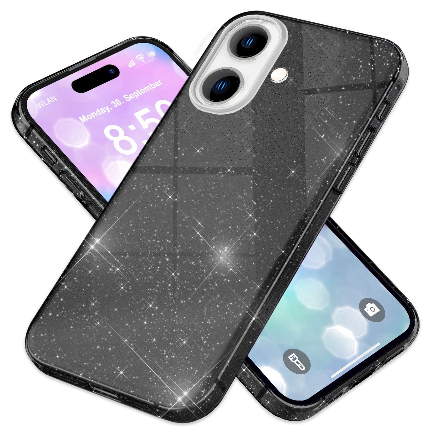 NALIA Glitzerhülle für iPhone 16 Plus – Funkelnder Glitzer-Look & Grip – SHINEPOP (Silikon Case) – Marke aus Berlin