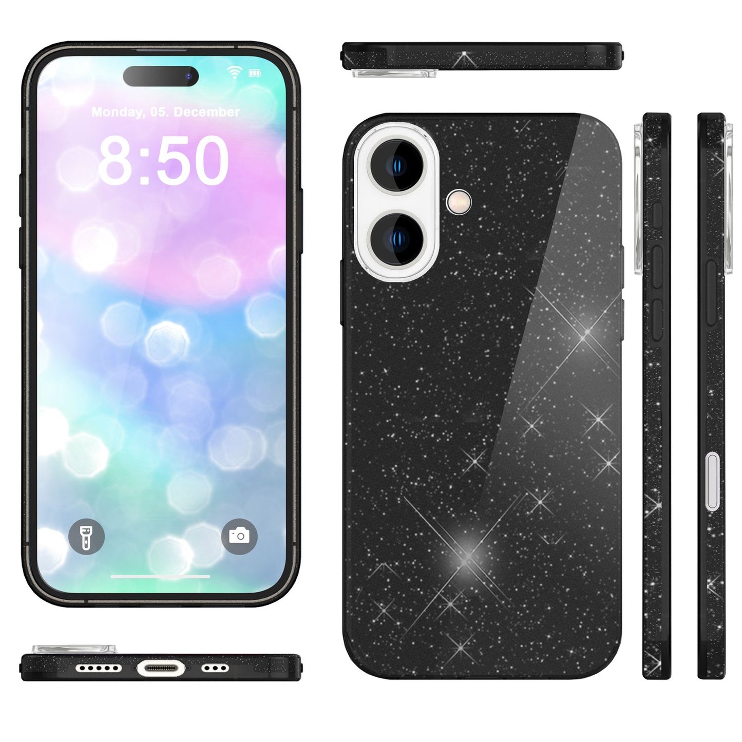 NALIA Glitzerhülle für iPhone 16 Plus – Funkelnder Glitzer-Look & Grip – SHINEPOP (Silikon Case) – Marke aus Berlin