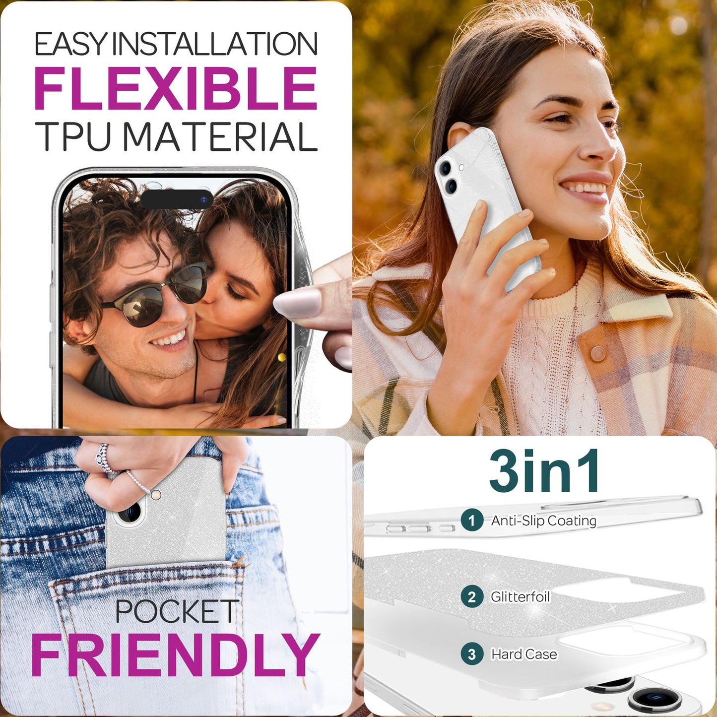 NALIA Glitzerhülle für iPhone 16 Plus – Funkelnder Glitzer-Look & Grip – SHINEPOP (Silikon Case) – Marke aus Berlin