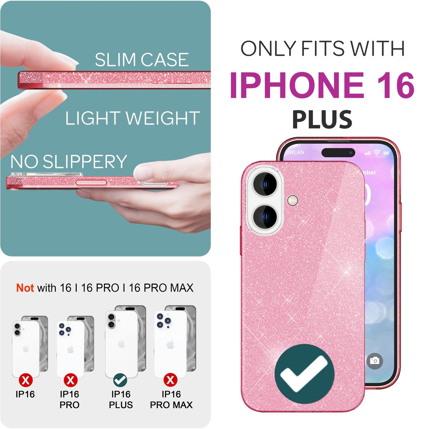 NALIA Glitzerhülle für iPhone 16 Plus – Funkelnder Glitzer-Look & Grip – SHINEPOP (Silikon Case) – Marke aus Berlin