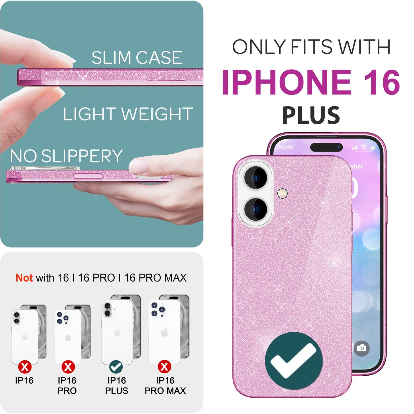 NALIA Glitzerhülle für iPhone 16 Plus – Funkelnder Glitzer-Look & Grip – SHINEPOP (Silikon Case) – Marke aus Berlin