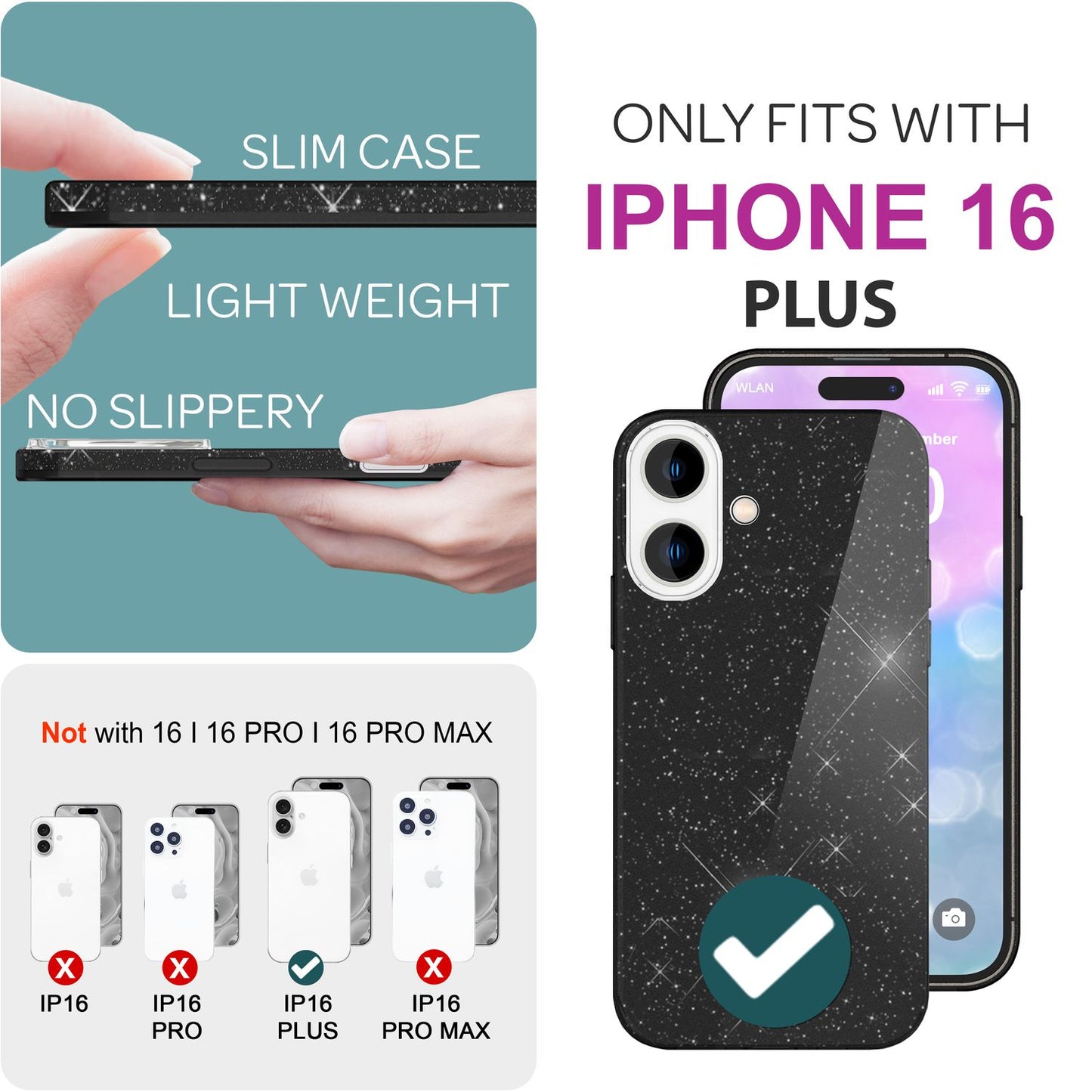 NALIA Glitzerhülle für iPhone 16 Plus – Funkelnder Glitzer-Look & Grip – SHINEPOP (Silikon Case) – Marke aus Berlin