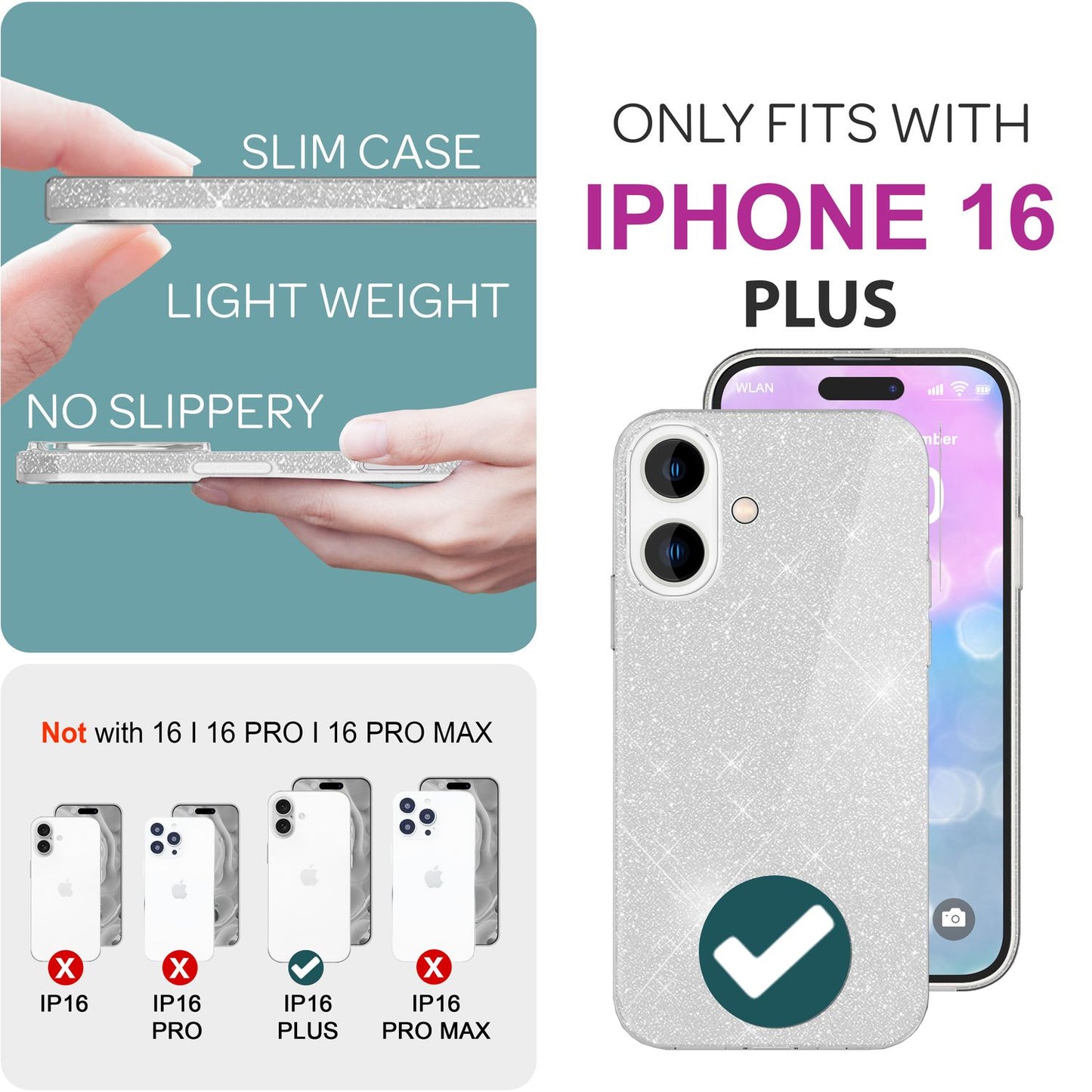 NALIA Glitzerhülle für iPhone 16 Plus – Funkelnder Glitzer-Look & Grip – SHINEPOP (Silikon Case) – Marke aus Berlin