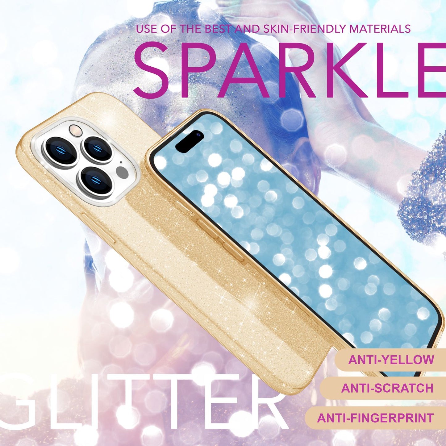 NALIA Glitzerhülle für iPhone 16 Pro – Funkelnder Glitzer-Look & Grip – SHINEPOP (Silikon Case) – Marke aus Berlin