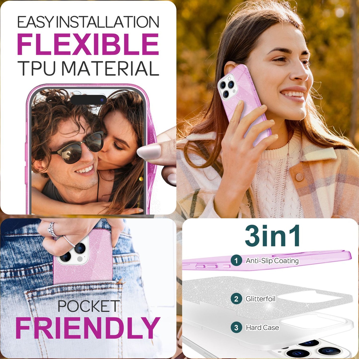 NALIA Glitzerhülle für iPhone 16 Pro – Funkelnder Glitzer-Look & Grip – SHINEPOP (Silikon Case) – Marke aus Berlin