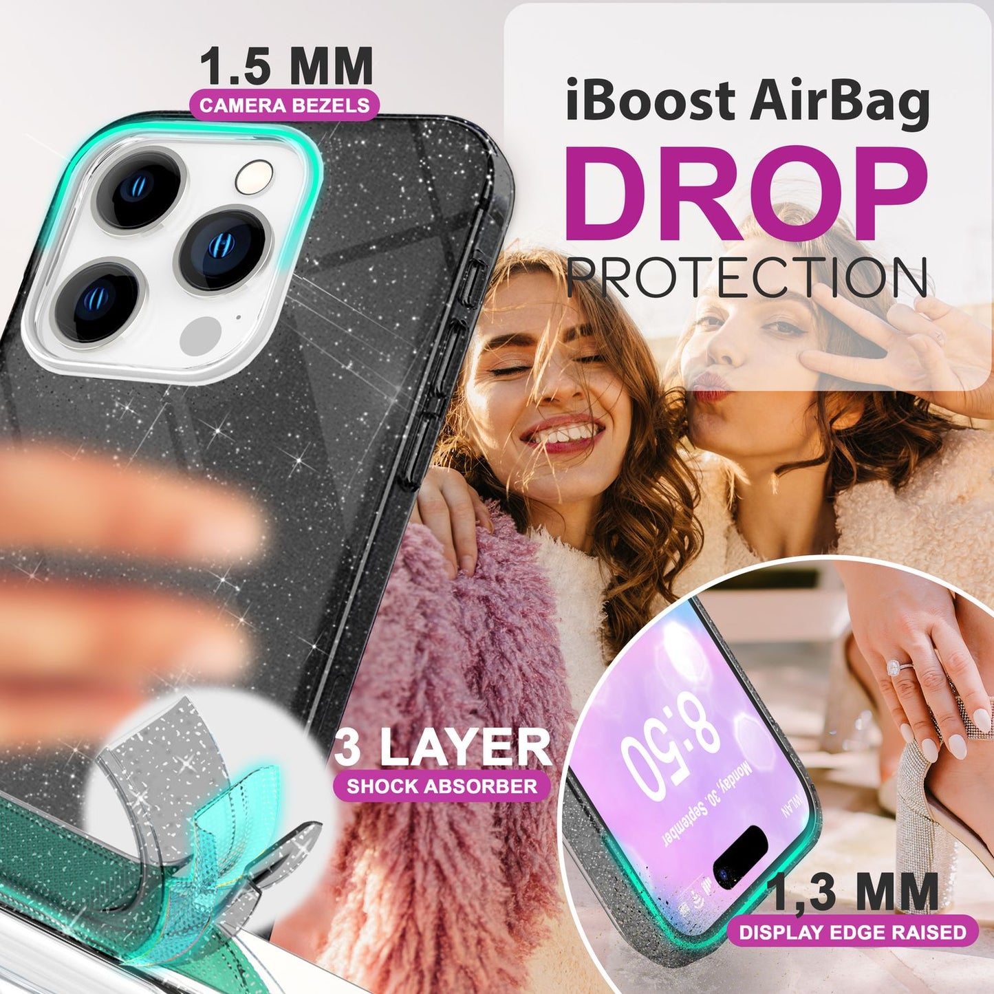 NALIA Glitzerhülle für iPhone 16 Pro – Funkelnder Glitzer-Look & Grip – SHINEPOP (Silikon Case) – Marke aus Berlin