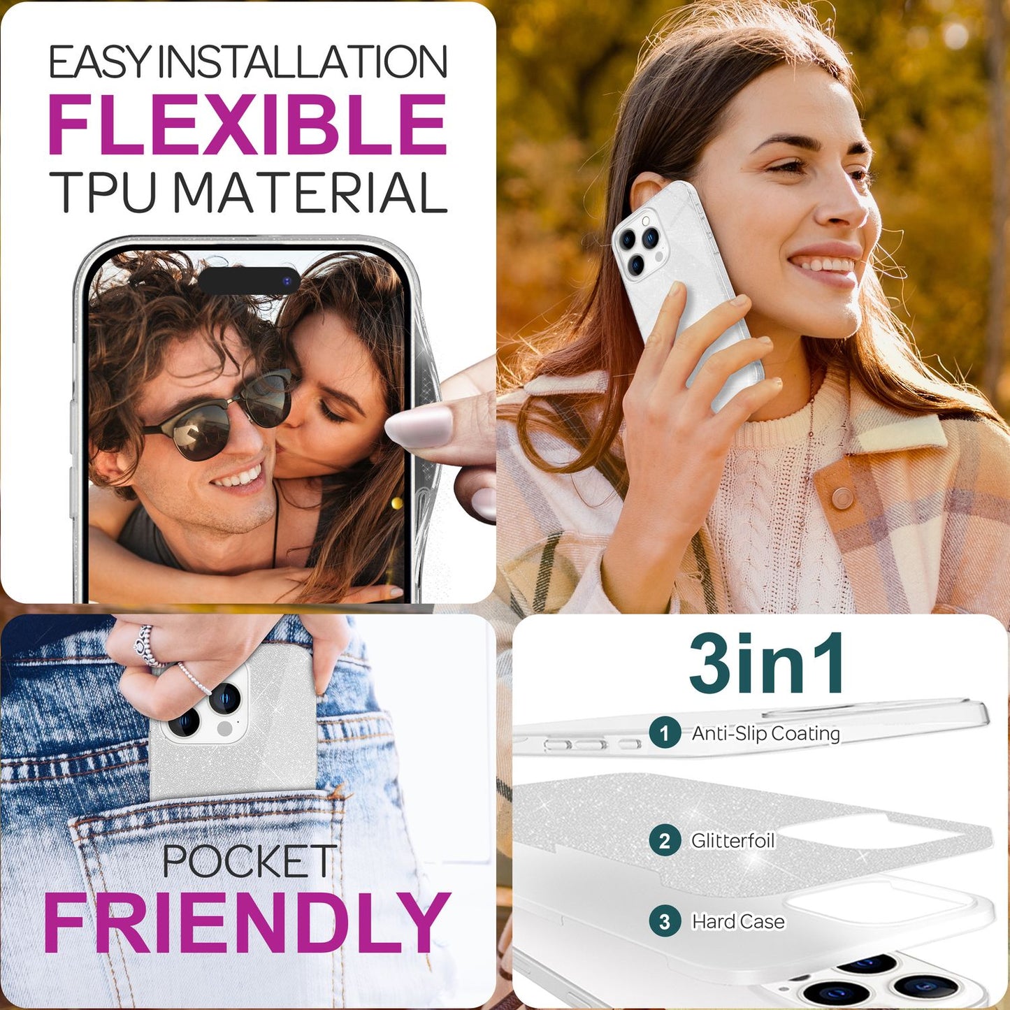 NALIA Glitzerhülle für iPhone 16 Pro – Funkelnder Glitzer-Look & Grip – SHINEPOP (Silikon Case) – Marke aus Berlin