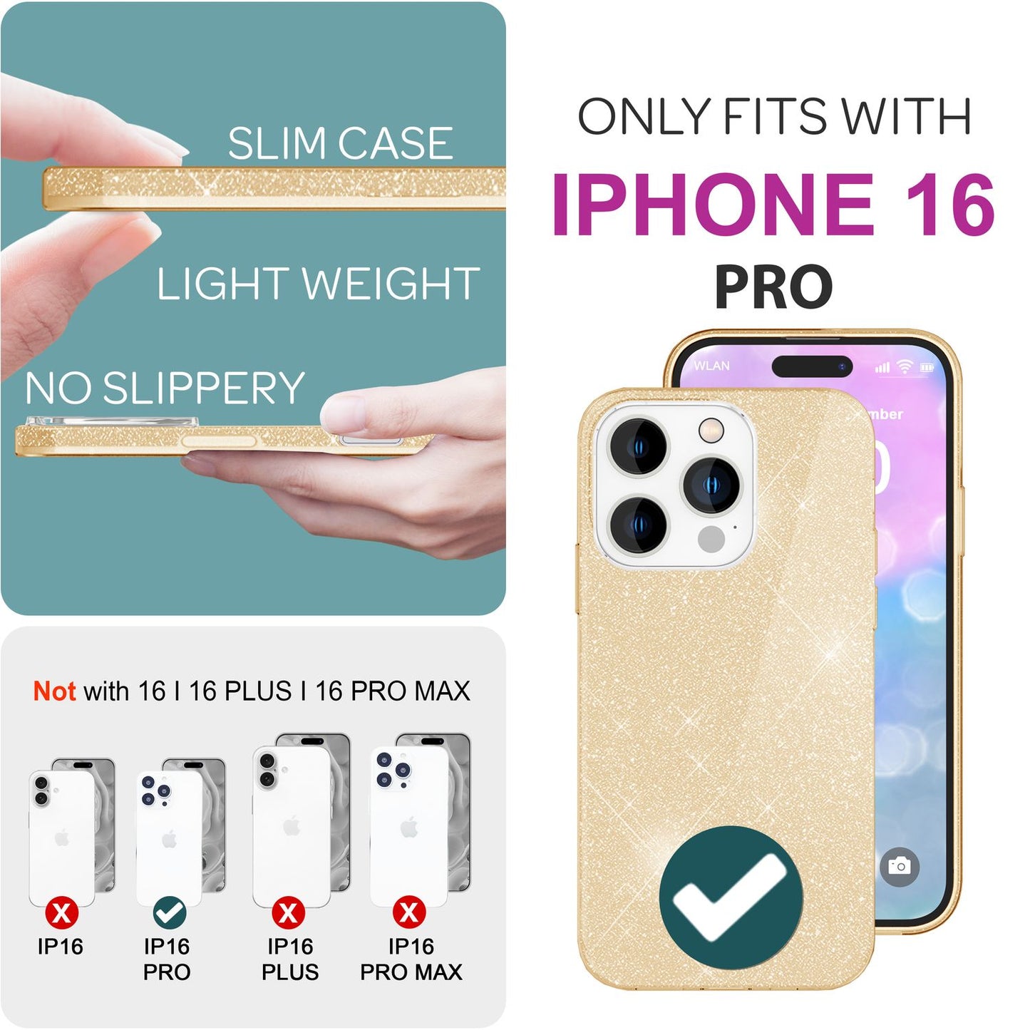 NALIA Glitzerhülle für iPhone 16 Pro – Funkelnder Glitzer-Look & Grip – SHINEPOP (Silikon Case) – Marke aus Berlin