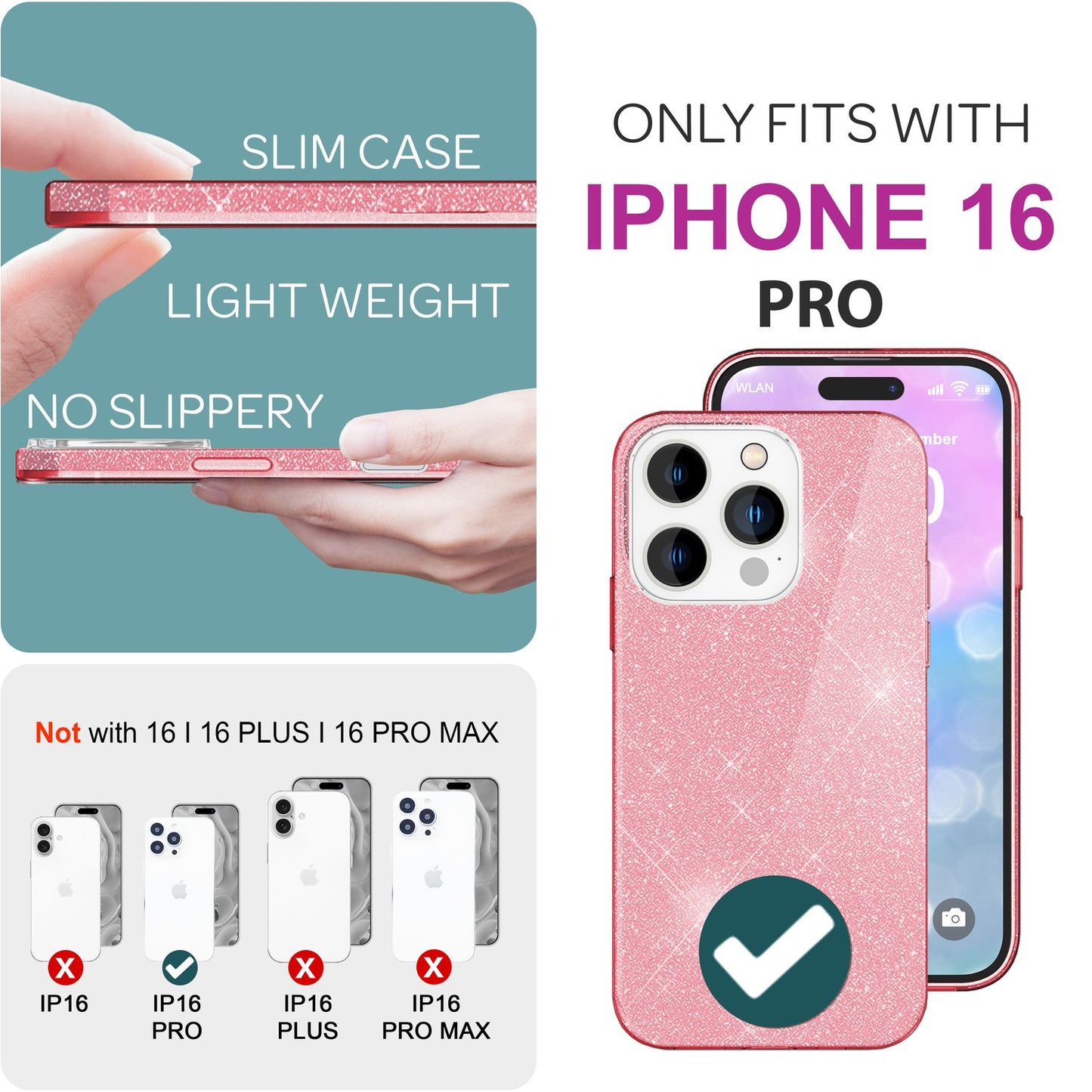NALIA Glitzerhülle für iPhone 16 Pro – Funkelnder Glitzer-Look & Grip – SHINEPOP (Silikon Case) – Marke aus Berlin
